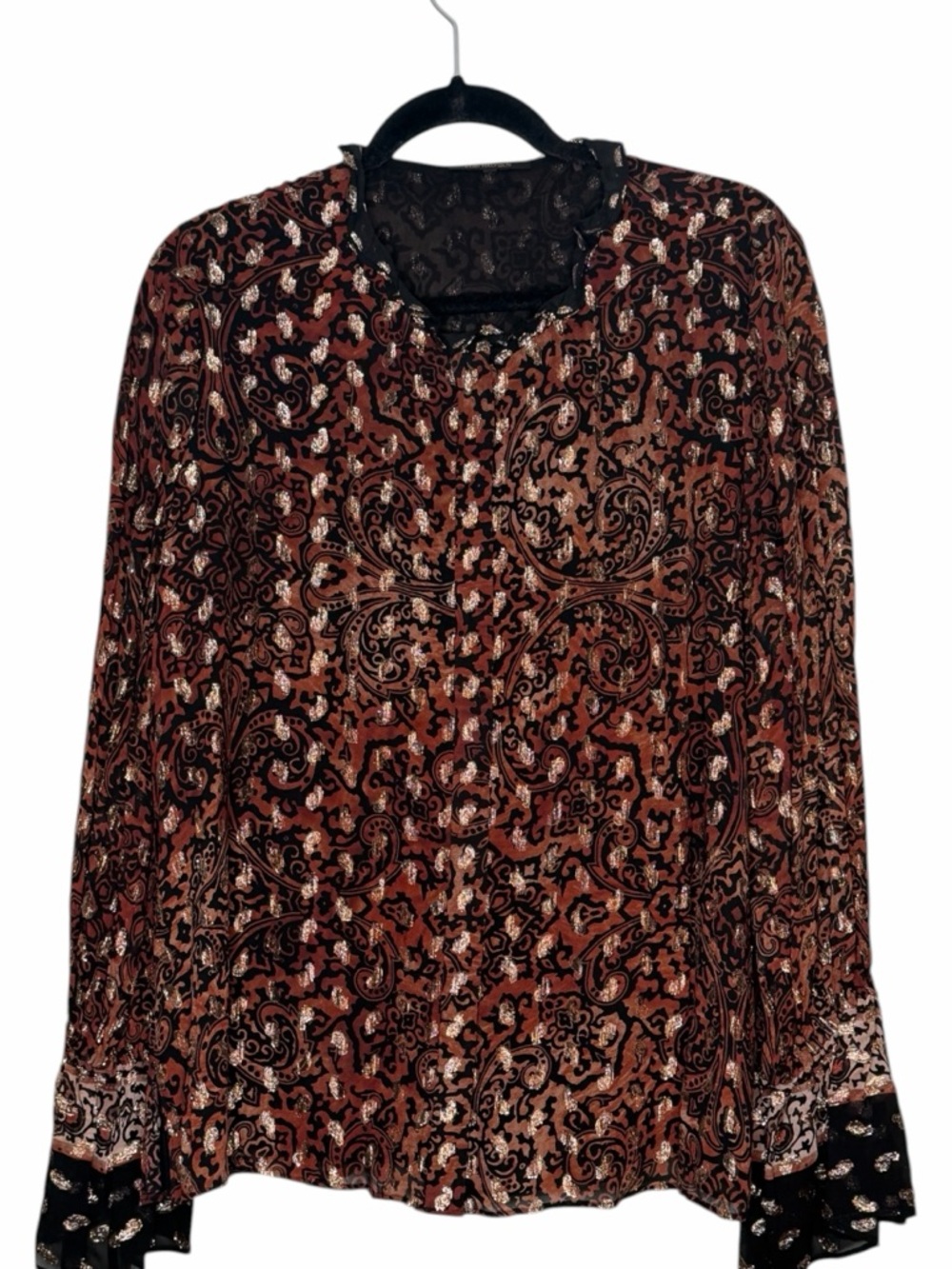 Kobi Halperin Metallic Gold Paisley Black with Brown Tones Ornate Blouse XL - Picture 4 of 12